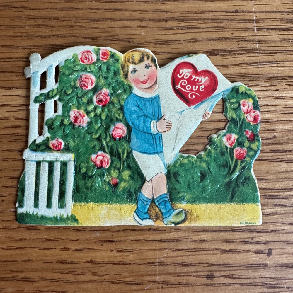 Vintage Valentine Card Boy Rose Garden‎ Germany Die Cut